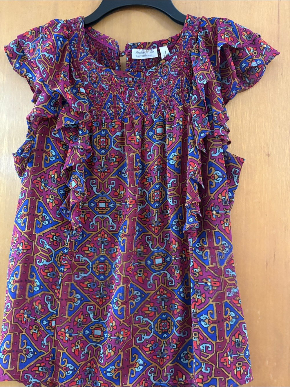 Maeve Burgundy Pink Purple Geometric Ruffle Top